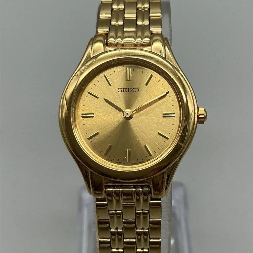 Seiko Womens Watch 24mm Gold Tone Round Dial V700-2K00 New Battery 7.5